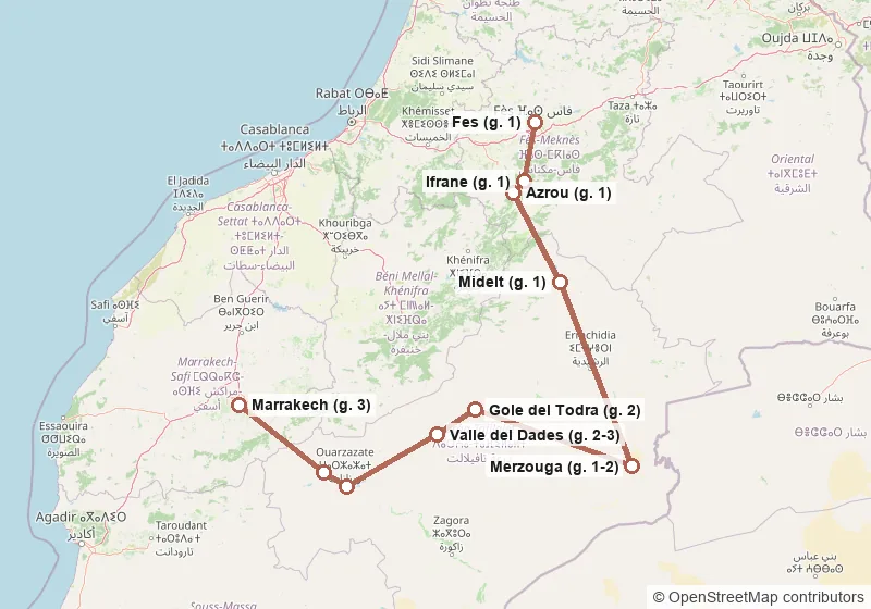 Mappa del percorso: Fes, Ifrane, Azrou, Midelt, Merzouga, Gole del Todra, Valle del Dades, Ouarzazate, Ait Ben Haddou, Marrakech.