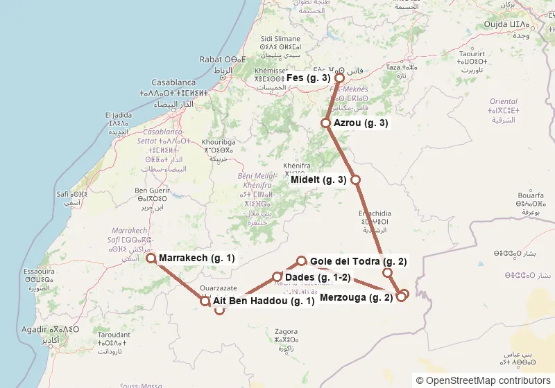 Mappa del percorso: Marrakech, Ait Ben Haddou, Ouarzazate, Dades, Gole del Todra, Merzouga, campo nel deserto, Merzouga, Erfoud, Midelt, Azrou, Fes.