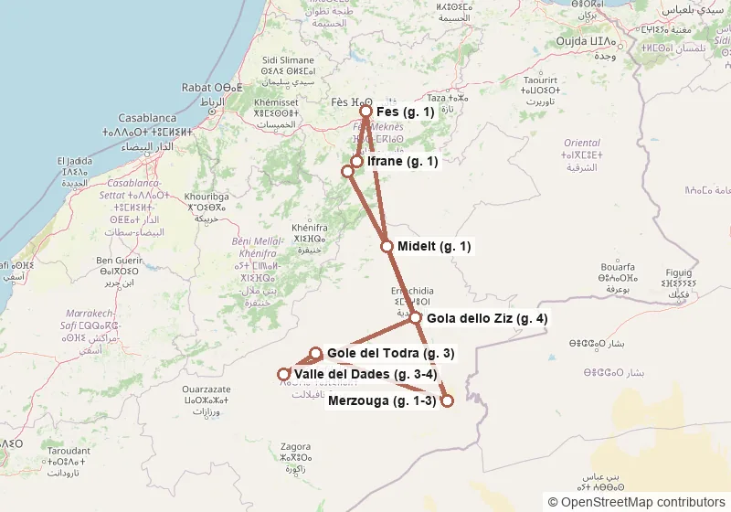 Mappa del percorso: Fes, Ifrane, Azrou, Midelt, Merzouga, Gole del Todra, Valle del Dades, Gola dello Ziz, Midelt, Fes.