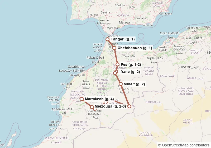 Mappa del percorso: Tangeri, Chefchaouen, Fes, Ifrane, Azrou, Midelt, Merzouga, Gole del Todra, Valle del Dades, Ouarzazate, Ait Ben Haddou, Marrakech.