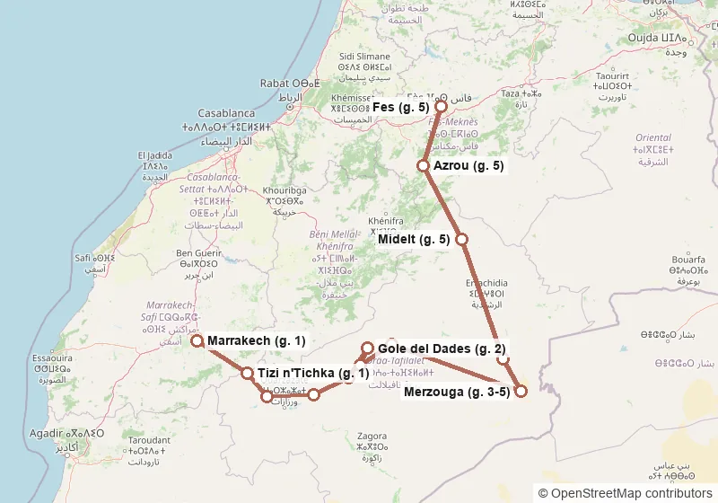 Mappa del percorso: Marrakech, Tizi n'Tichka, Ait Ben Haddou, Skoura, Valle delle Rose, Gole del Dades, Valle del Dades, Gole del Todra, Merzouga, Erfoud, Midelt, Azrou, Fes.