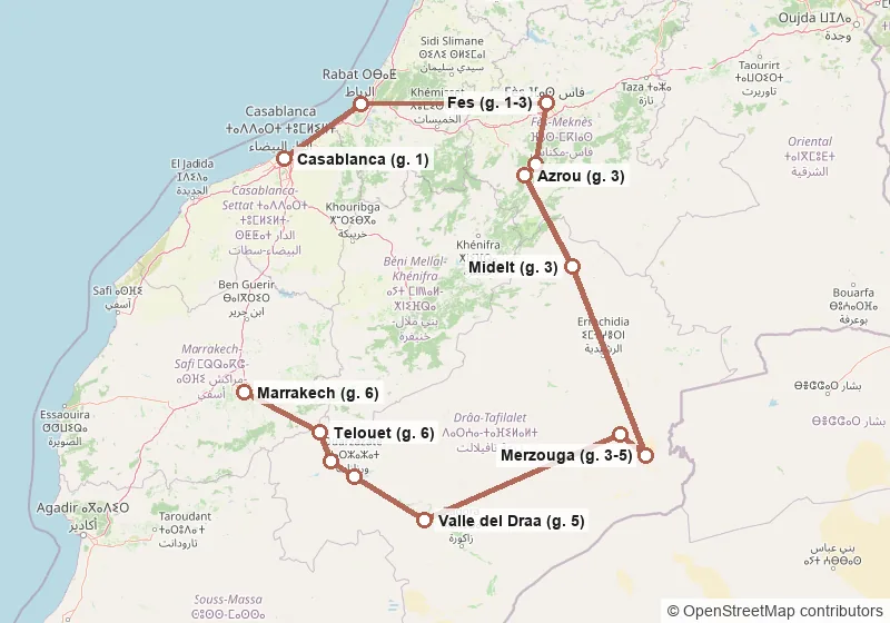 Mappa del percorso: Casablanca, Rabat, Fes, Ifrane, Azrou, Midelt, Merzouga, Rissani, Valle del Draa, Ouarzazate, Ait Ben Haddou, Telouet, Marrakech.