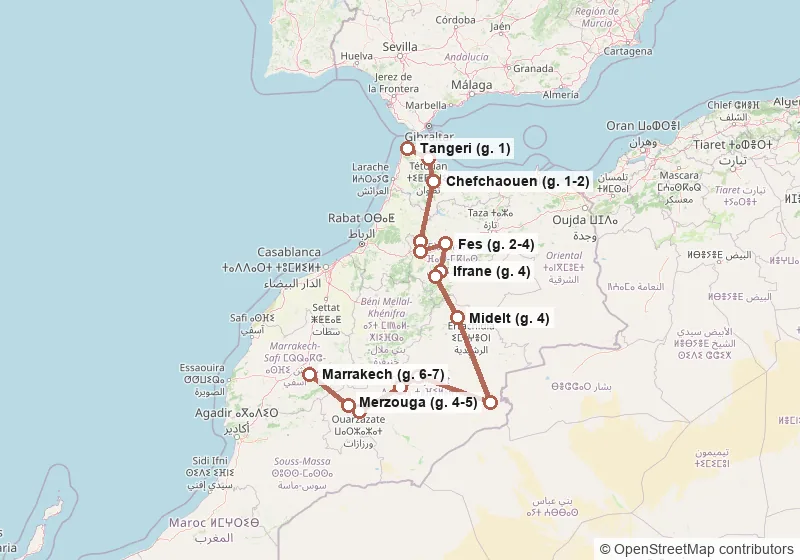 Mappa del percorso: Tangeri, Tetouan, Chefchaouen, Volubilis, Meknes, Fes, Ifrane, Azrou, Midelt, Merzouga, Gole del Todra, Valle del Dades, Ouarzazate, Ait Ben Haddou, Marrakech.